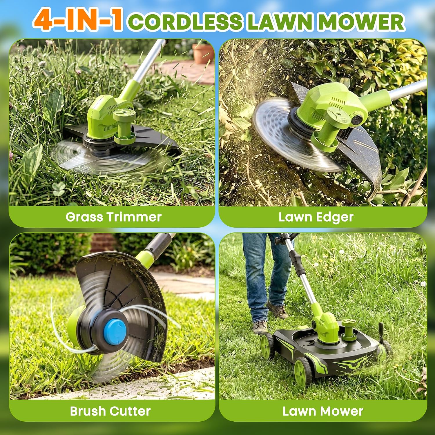 Versatile 4-in-1 Cordless Lawn Mower — Lightweight Push Mower with Detachable Wheels